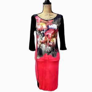 DIDIER PARAKIAN Women's Cocktail Sheath Dress SZ 6/8 Black Red Floral 3/4 Sleeve